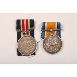 Two WWI British war medals, war medal with ribbon and military medal for bravery in the fields