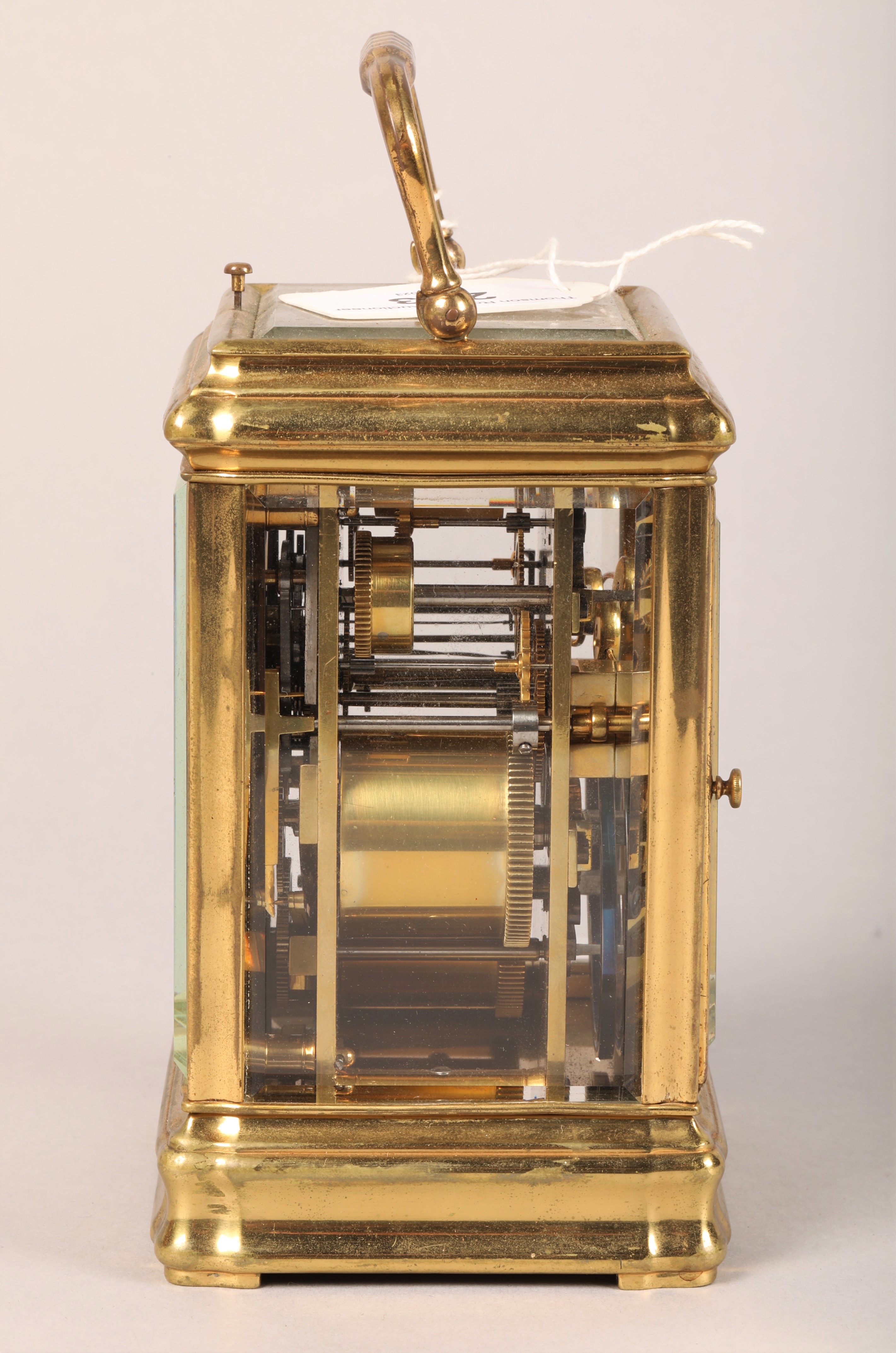 Early 20th Century repeating brass carriage clock, white enamel dial with alarm dial, time piece - Image 7 of 9
