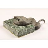 Continental bronze figure of a viper, fixed to a green marble base, (unmarked), length 10cm, width