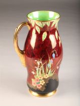 Carlton ware lustre vase, single gilt handle, decorated with rouge royal bluebell pattern circa
