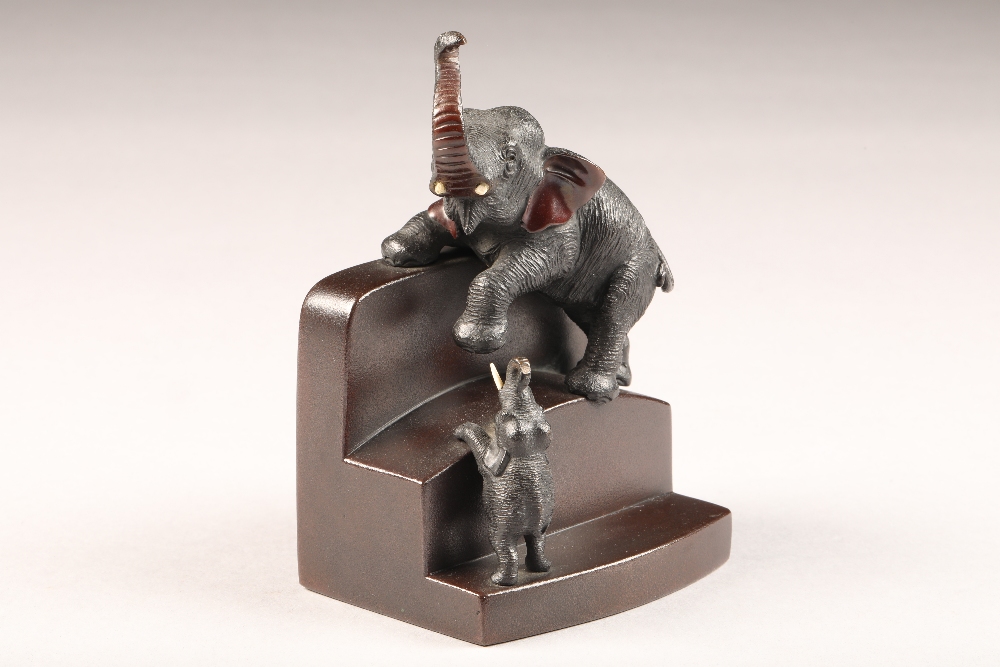 Pair late 19th/20th Century Japanese bronze bookends, stepped form with an applied adult elephant - Image 3 of 7