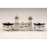 Edwardian five piece silver cruet set, comprising of pair of table salts with blue glass liners,