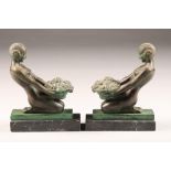 Max Le Verrier (French 1892-1962) Pair Art Deco bronze figures, of a maiden with a basket of fruit