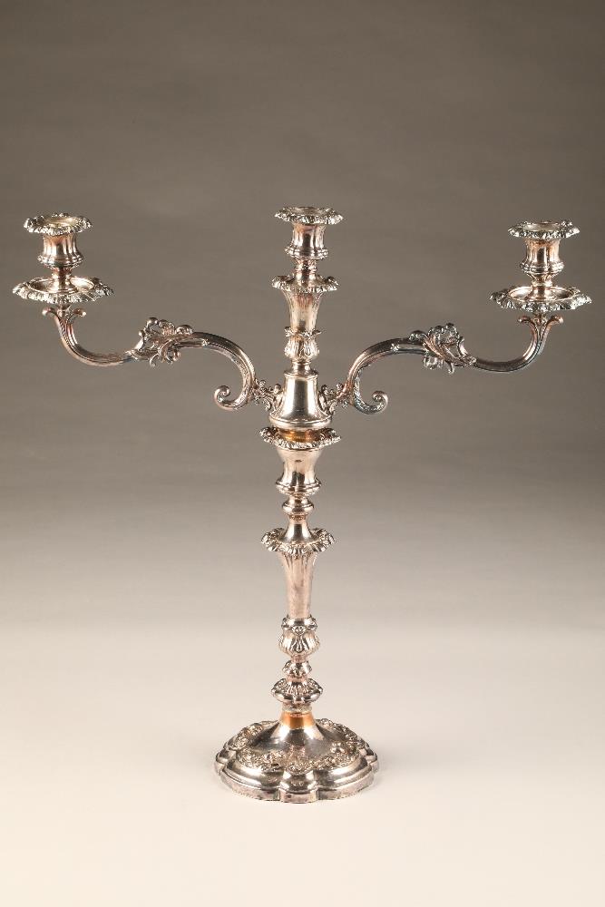 Pair large electro plated sliver three light candelabra, lobed circular based with foliate relief, - Image 2 of 2