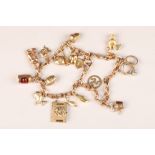 Ladies 9 carat gold charm bracelet, with sixteen assorted charms, weight 40g