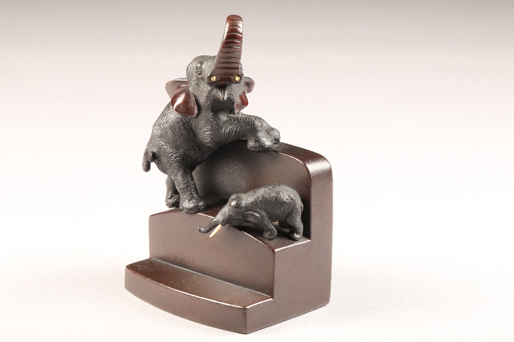 Pair late 19th/20th Century Japanese bronze bookends, stepped form with an applied adult elephant - Image 2 of 7