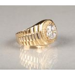 Gents 9 carat gold dress ring, of Rolex watch form with a 3 carat set cubic zirconia, ring size V,