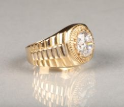 Gents 9 carat gold dress ring, of Rolex watch form with a 3 carat set cubic zirconia, ring size V,