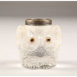 Silver topped moulded glass inkwell in the form of an owl, silver assay marked London 1907, height