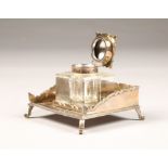 Walker & Hall silver inkwell and stand, silver topped glass inkwell on a square stand raised on