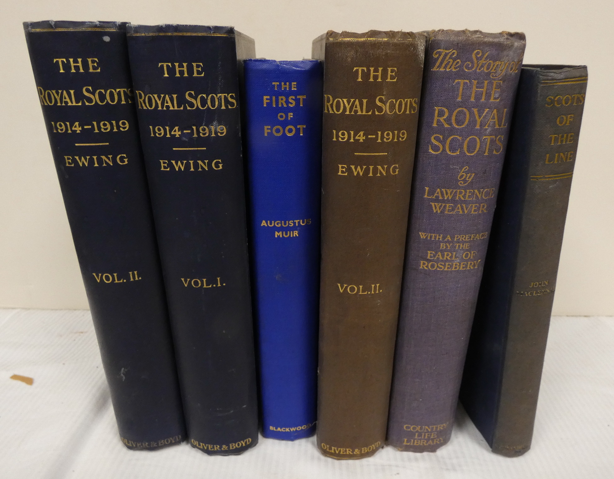 EWING JOHN.  The Royal Scots, 1914-1919. 2 vols. Illus. & maps. Orig. dark blue cloth. Edinburgh,