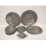 18th century and later pewter to include chargers, plates, a serving dish, bearing touch marks for