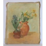 Stella Steyn (Irish 1907-1987) Still life of daffodils in a terracotta jug and hyacinth in pot Oil