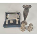 Silver vase, 21cm, loaded, a pierced e.p. condiment set, and a pair of silver baluster muffineers,