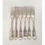 Set of six silver table forks, fiddle pattern, crested, by Samuel Neville, Dublin 1840, 424g.