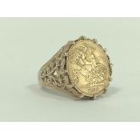 Half sovereign ring 1912, in 9ct gold detachable mount, size 'O'.