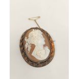 Victorian shell cameo brooch, with portrait of woman in high relief, the gold mount with matted