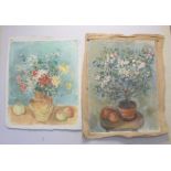 Stella Steyn (Irish 1907-1987) Still life of chrysanthemums in a jug with fruit Oil on canvas,