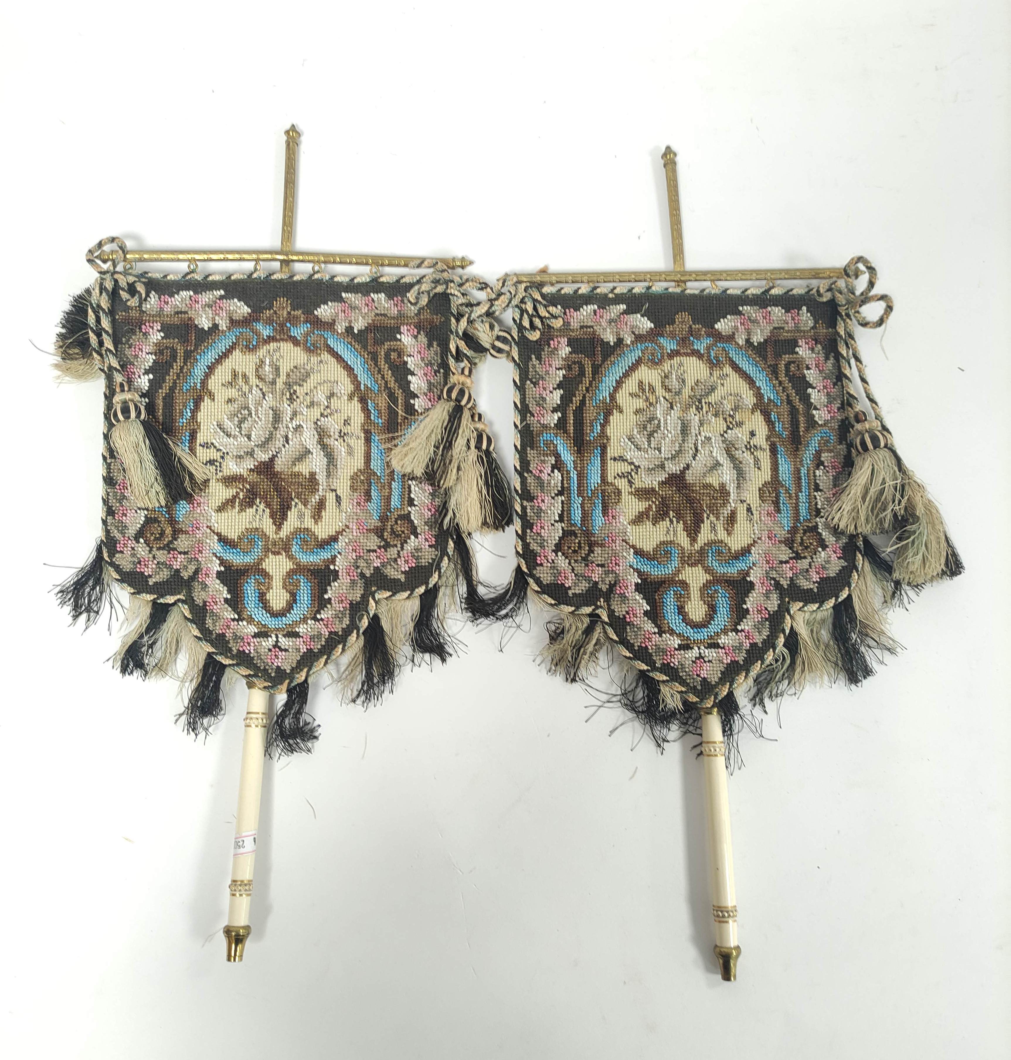 Pair of Victorian style beadwork face screens, with turned handles, cream over-painted gilt metal - Image 2 of 6