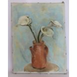 Stella Steyn (Irish 1907-1987) Still life of Arum lilies in a terracotta jug. Oil on canvas,