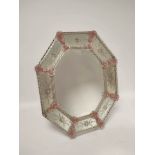 Venetian glass mirror, the octagonal mirror with etched floral panels and interspersed pink glass
