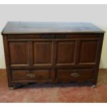 George II oak and elm coffer with hinged top, inscribed to the frieze 'WCM 1731', above panelled