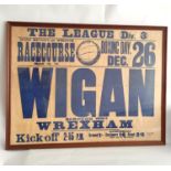 Wrexham football interest, early framed Division Three match poster for Wigan Borough vs Wrexham FC,