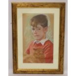 Edward Wolfe (British 1896-1981) Portrait of a boy holding a cat Chalk pastel on buff paper,