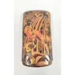 Tortoiseshell lacquered cigar case of rounded rectangular shape, depicting exotic birds, 11cm.