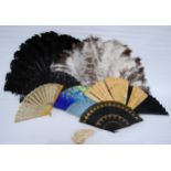 Early 20th century ostrich feather folding fan, with faux tortoiseshell handle, another feather