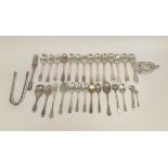 Silver tongs 1804, a mustard pot, and a quantity of teaspoons and flatware, 483g / 15½oz.