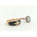 Enamelled mourning ring with pearl, in 9ct gold, and an opal gem ring, 4.2g.  (2)