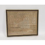 George IV needlepoint sampler, worked by Abigail Irvin, dated 1822, with alphabet, later framed
