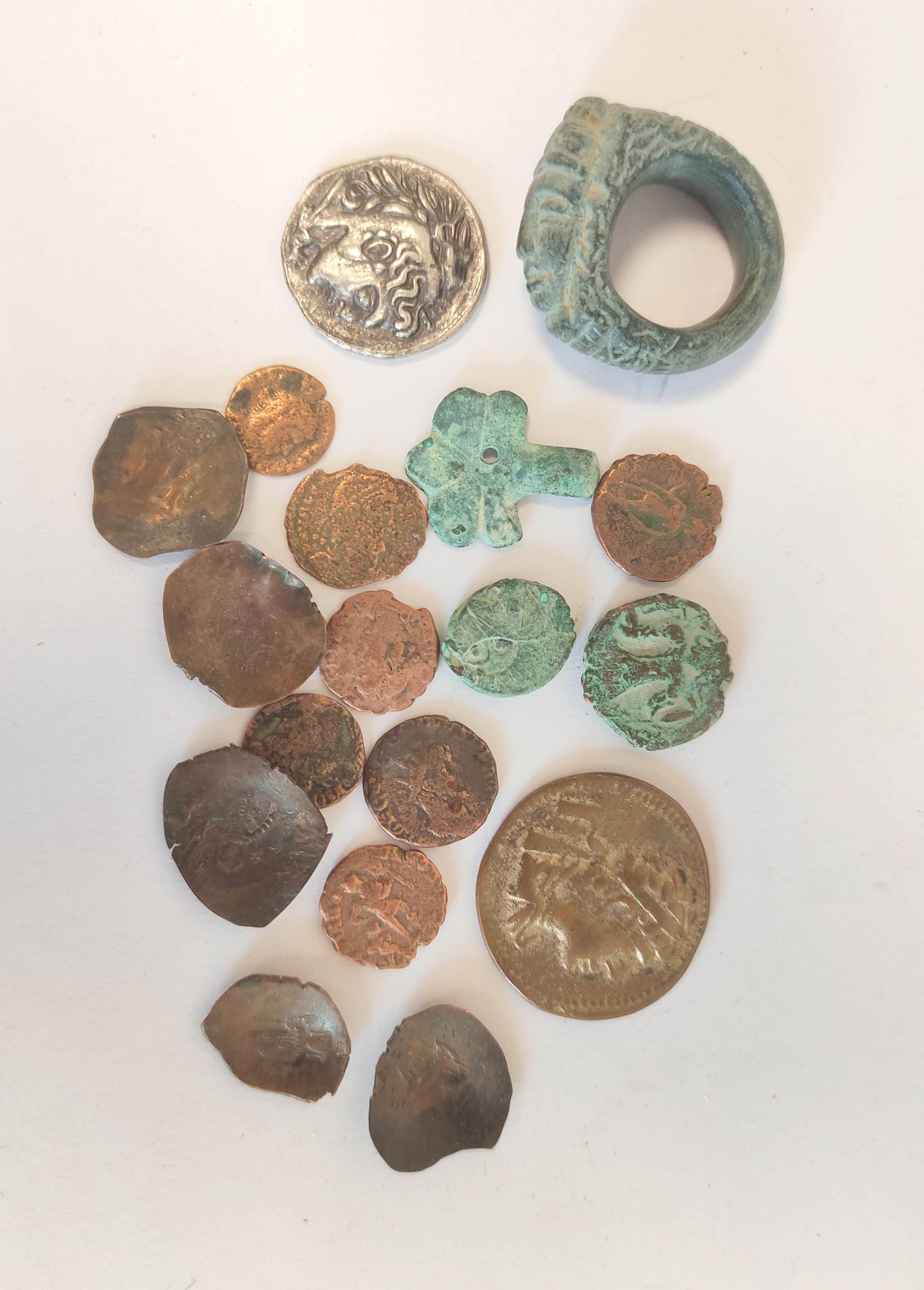 Antiquarian coins to include seven Roman copper AS coins, a Macedonian tetradrachm, five Byzantine