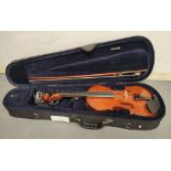 Modern 3/4 size violin unattributed. Spruce top and two piece maple back. Complete with case and