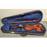 Modern 4/4 size violin unattributed. Spruce top and two piece maple back. Complete with case and