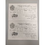 Bank of England 1945 K.O Peppiatt white £5 banknote prefix H53 082370 AUNC. Also another similar