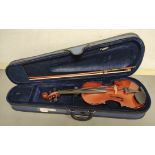 Modern 4/4 size violin unattributed. Spruce top and two piece maple back. Complete with case and