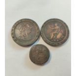 Two George III 1797 Cartwheel Twopences (2d) Soho mint and an 1815 Ceylon 1/12 Rixdollar. (3)
