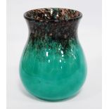 Monart green glass vase, c. 1930s, with inclusions to the shoulder and rim, original label 'Monart