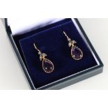 Pair of 9ct yellow gold and silver cabochon amethyst and diamond drop earrings, 2cm.