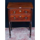 Regency Scottish mahogany work table with two drawers, lion mask ring handles, on ornate reeded