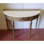 Giltwood demi-lune console table with later composition fixed marble top above lion mask and