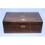 Victorian rosewood writing slope with brass stringing, mounts and carry handles, enclosing a