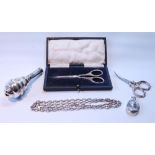 Silver oval perfume bottle, a similar necklet, two nail scissors, one cased, and an EP handle.