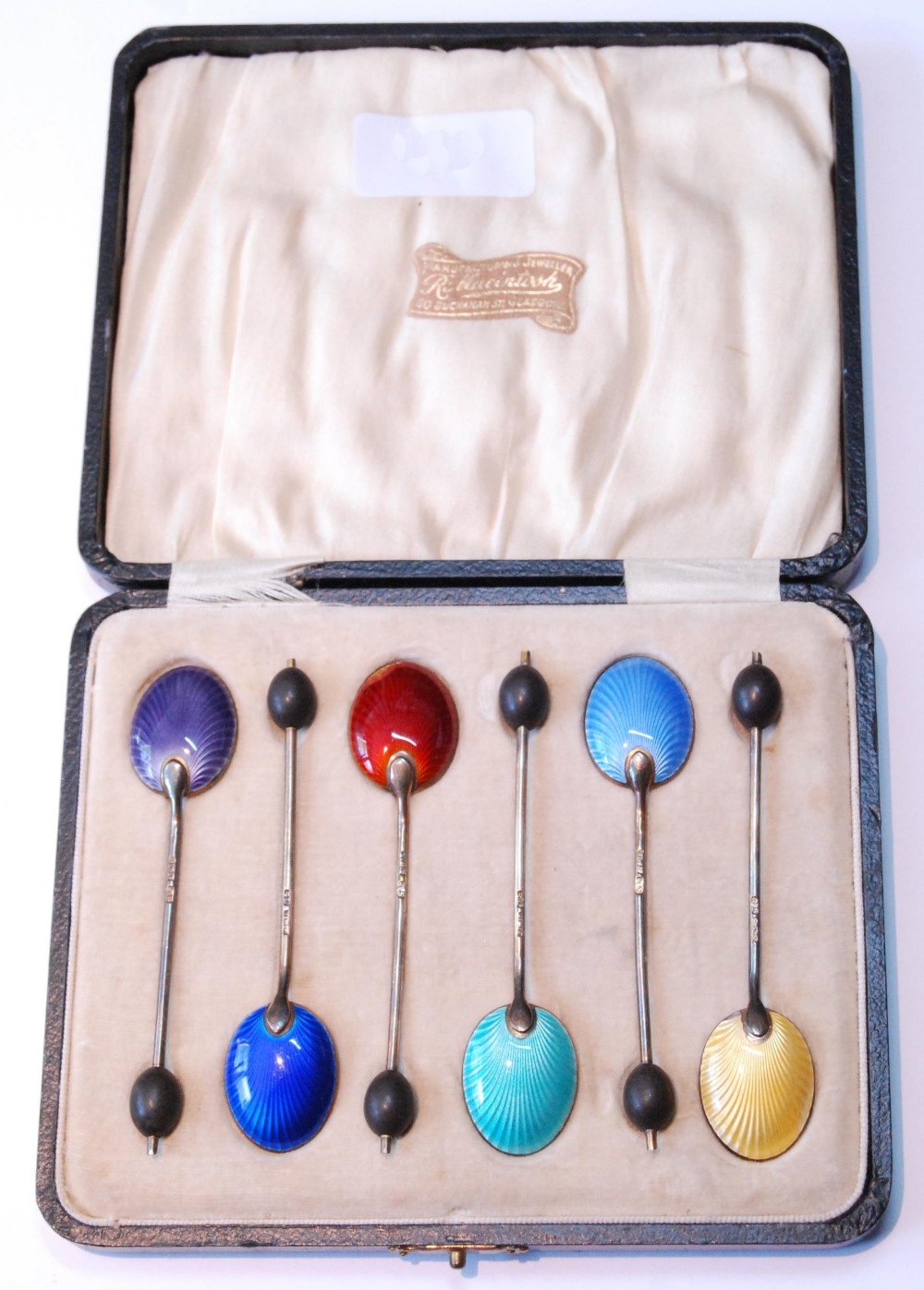 Set of six silver and guilloché enamel coffee spoons, hallmarks for Birmingham 1929-30, harlequin-