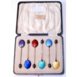 Set of six silver and guilloché enamel coffee spoons, hallmarks for Birmingham 1929-30, harlequin-