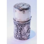 Silver cylindrical perfume bottle container with embossed scenes and scrolls, by W Comyns, 1906,