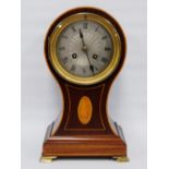 Edwardian inlaid balloon-cased mantel clock, retailed by Ritchie & Son, Edinburgh, the silvered twin