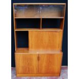 Retro teak display cabinet by S Form, with sliding glazed doors above open shelving and a fall front